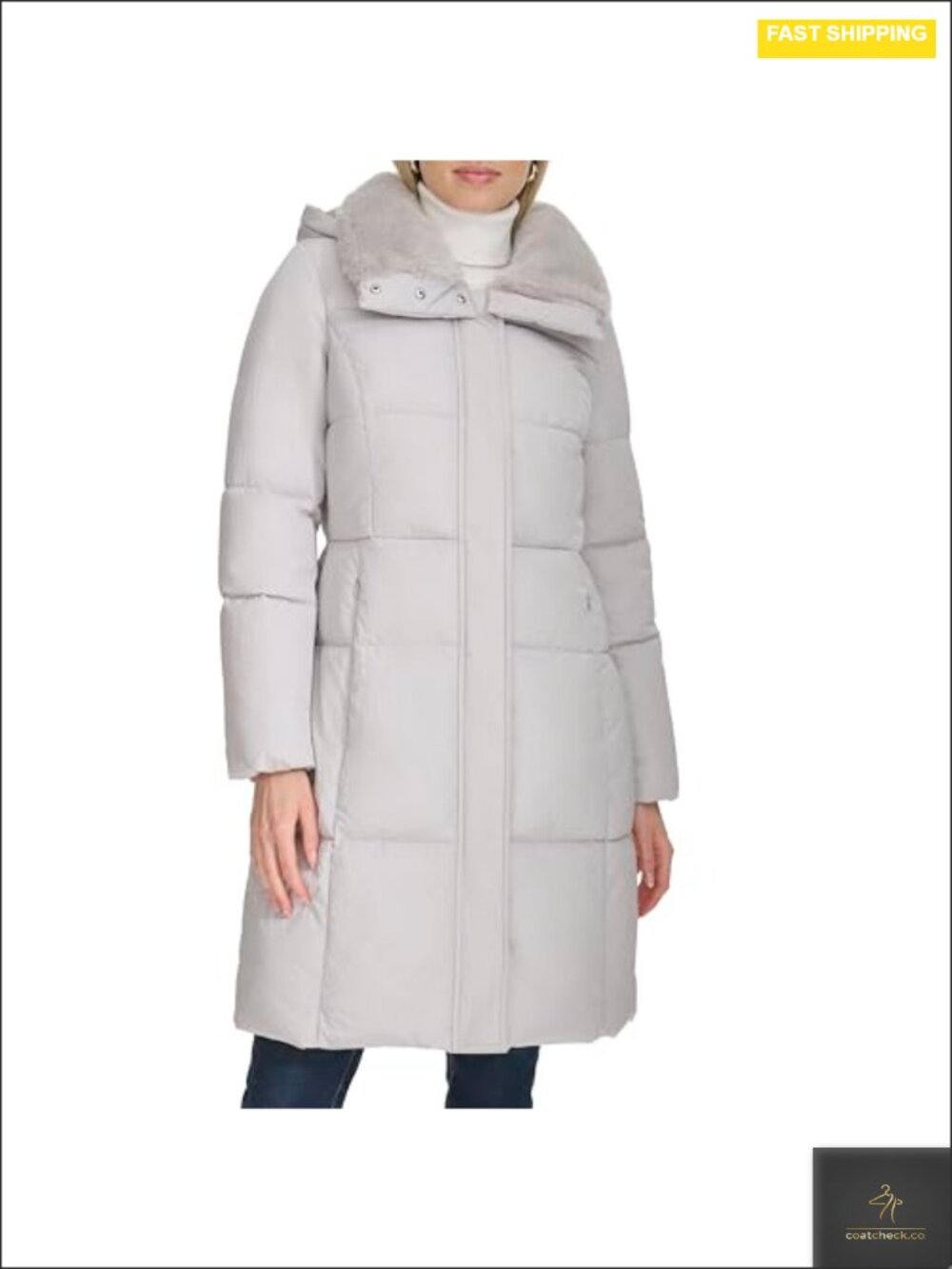Quilted Shimmer Nylon Jacket Faux Rabbit Lined Collar